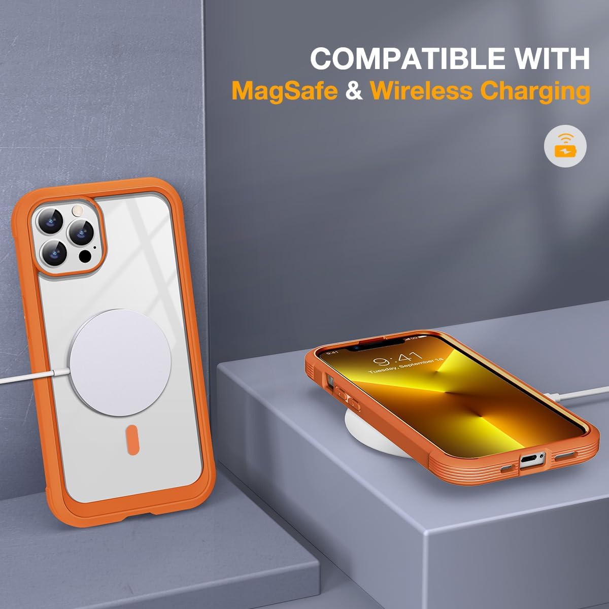 Miracase for iPhone 13 Pro Case 6.1",Full-Body Protection,Clear Bumper Case with Built-in 9H Tempered Glass Screen Protector,Military-Grade Drop Protection Outdoor Phone Case for iPhone 13 Pro,Orange