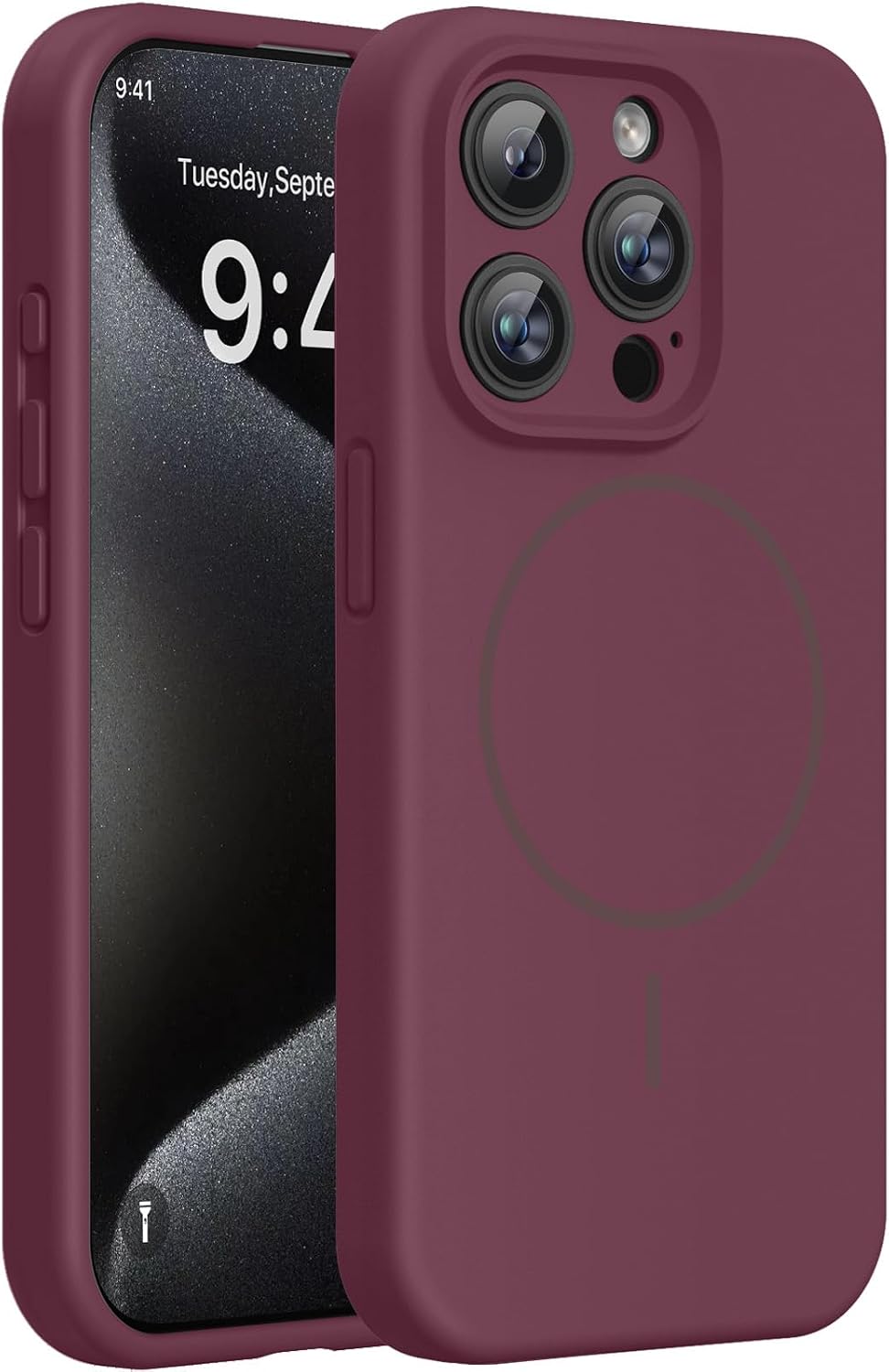 Miracase Magnetic for iPhone 15 Pro Max Case, [Soft Anti-Scratch Microfiber Lining], Compatible with MagSafe, Liquid Silicone Case Shockproof Drop Protection Phone Case for 15 ProMax, Wine Red