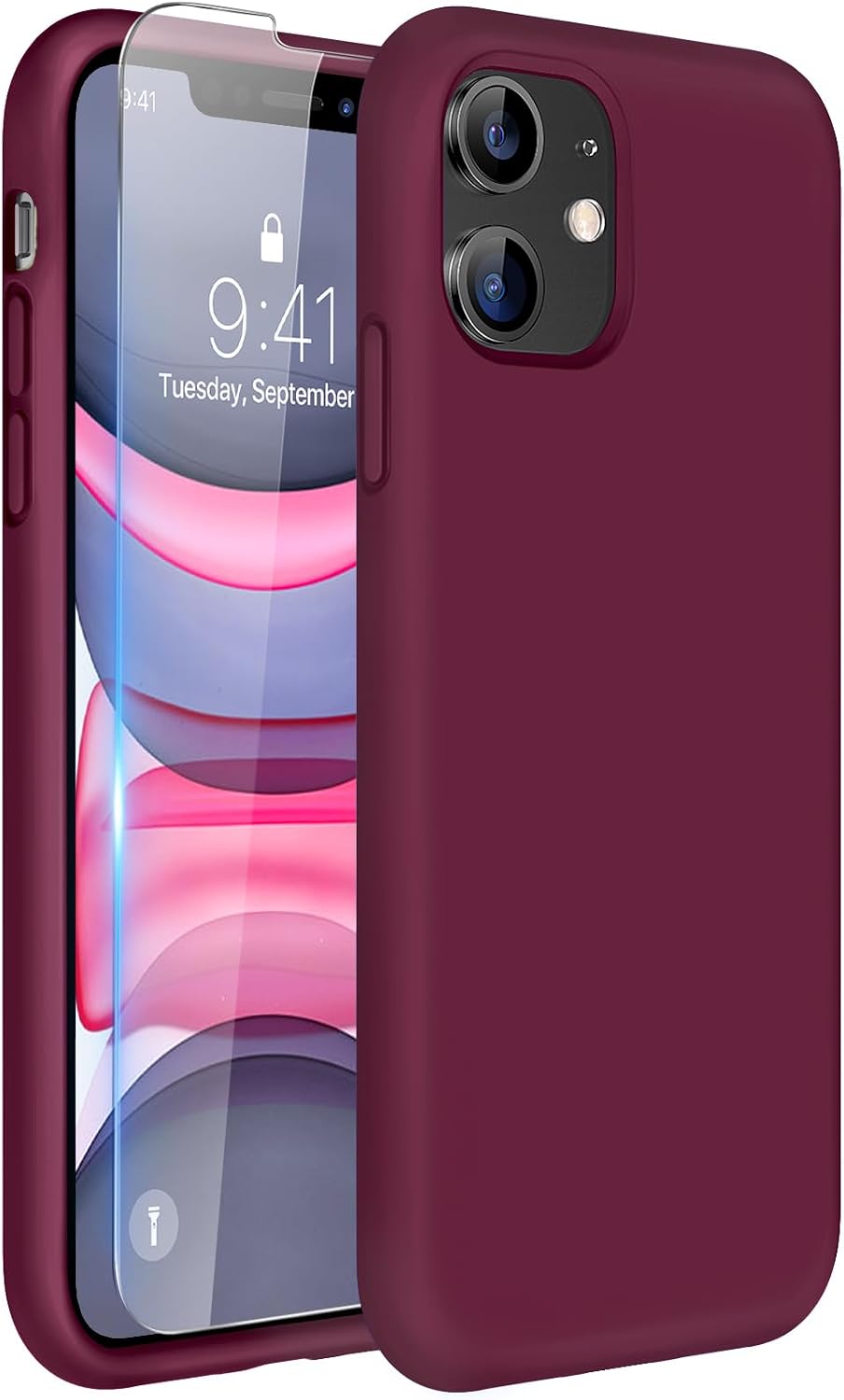 615N8CoEp9L._AC_SL1500_ Miracase Designed for iPhone 11 Phone Case, with Screen Protector, Liquid Silicone Gel Rubber Drop Protection Shockproof Cover Phone Case for iPhone 11, Wine Red