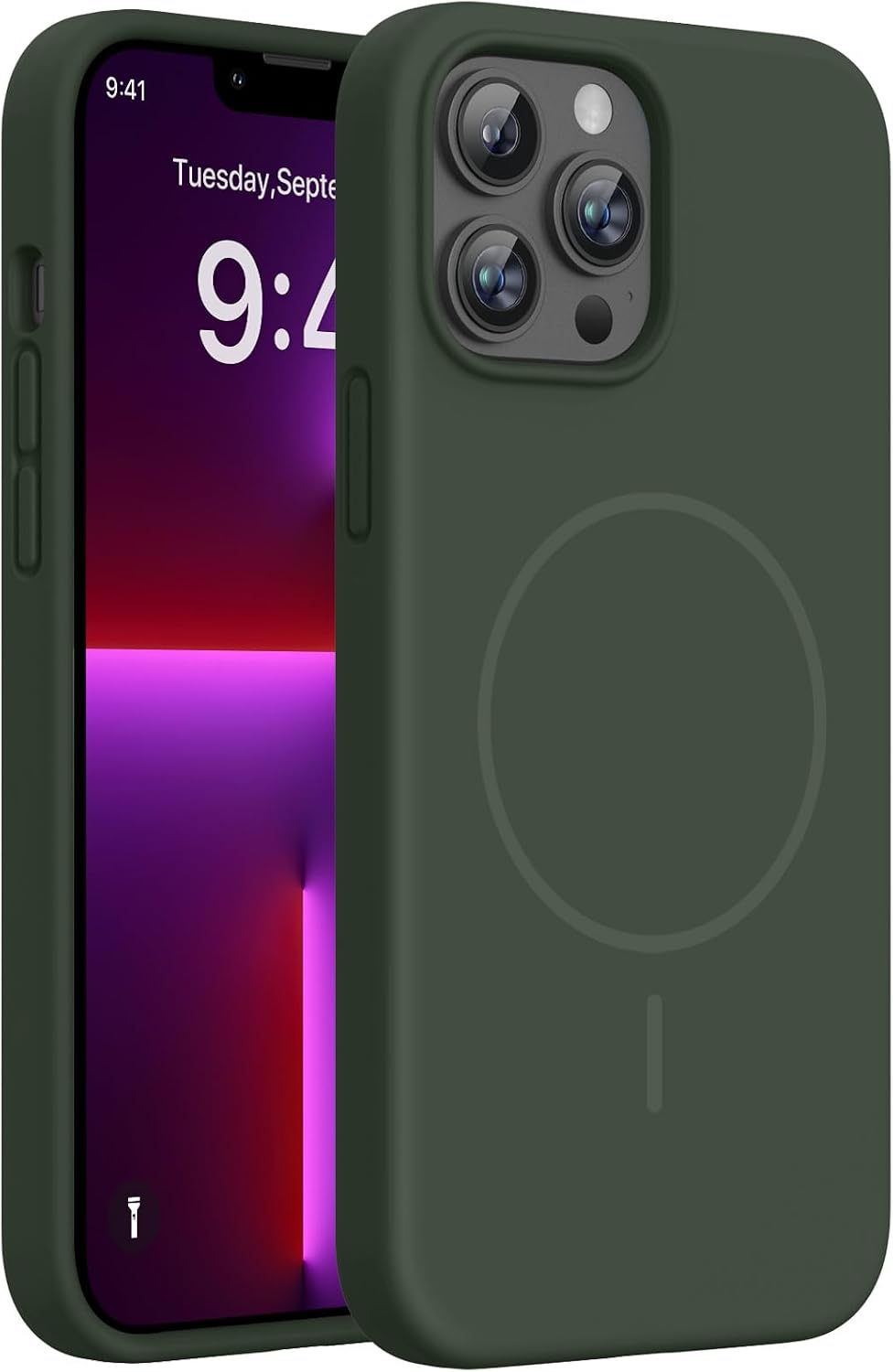 Miracase Magnetic for iPhone 13 Pro Case, [Soft Anti-Scratch Microfiber Lining], Compatible with MagSafe, Liquid Silicone Shockproof Drop Protection Phone Case for 13 Pro, Dark Green