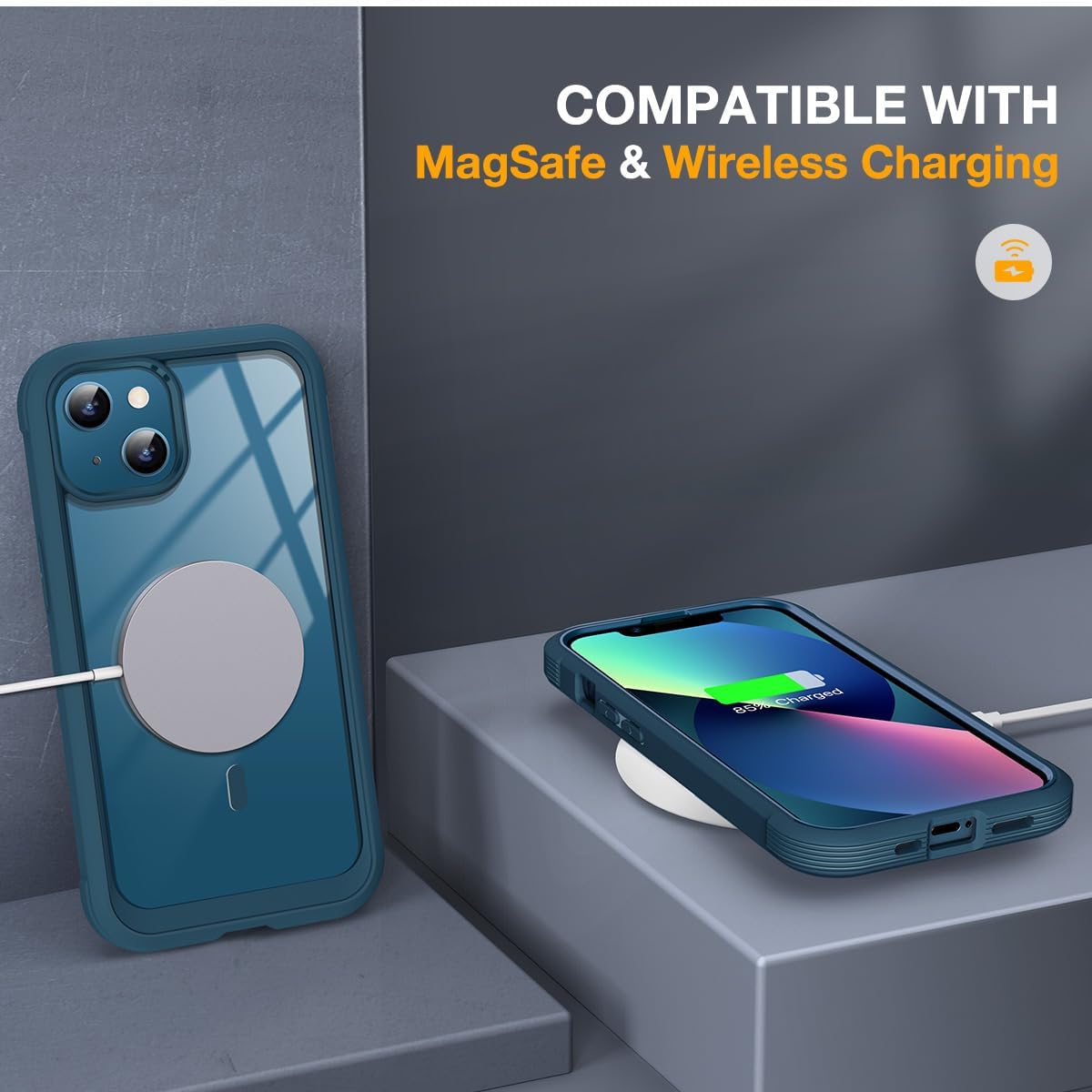 618q77j50eL._AC_SL1200_ Miracase for iPhone 13 Case 6.1'',Full-Body Magnetic Clear Bumper Case with Built-in 9H Tempered Glass Screen Protector,Military Drop Protection Outdoor Phone Case,Storm Blue
