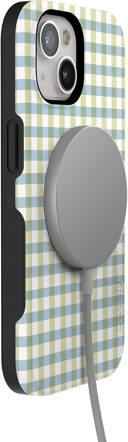 619bAVphXeL._AC_SL1500_ Casely iPhone 15 Case | Pastel Picnic | Blue & Green Gingham | Bold Protective Design | Compatible with MagSafe