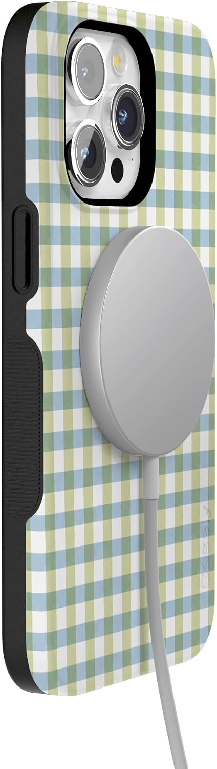 619t9FNV5L._AC_SL1500_ Casely iPhone 15 Pro Case | Pastel Picnic | Blue & Green Gingham | Bold Protective Design | Compatible with MagSafe