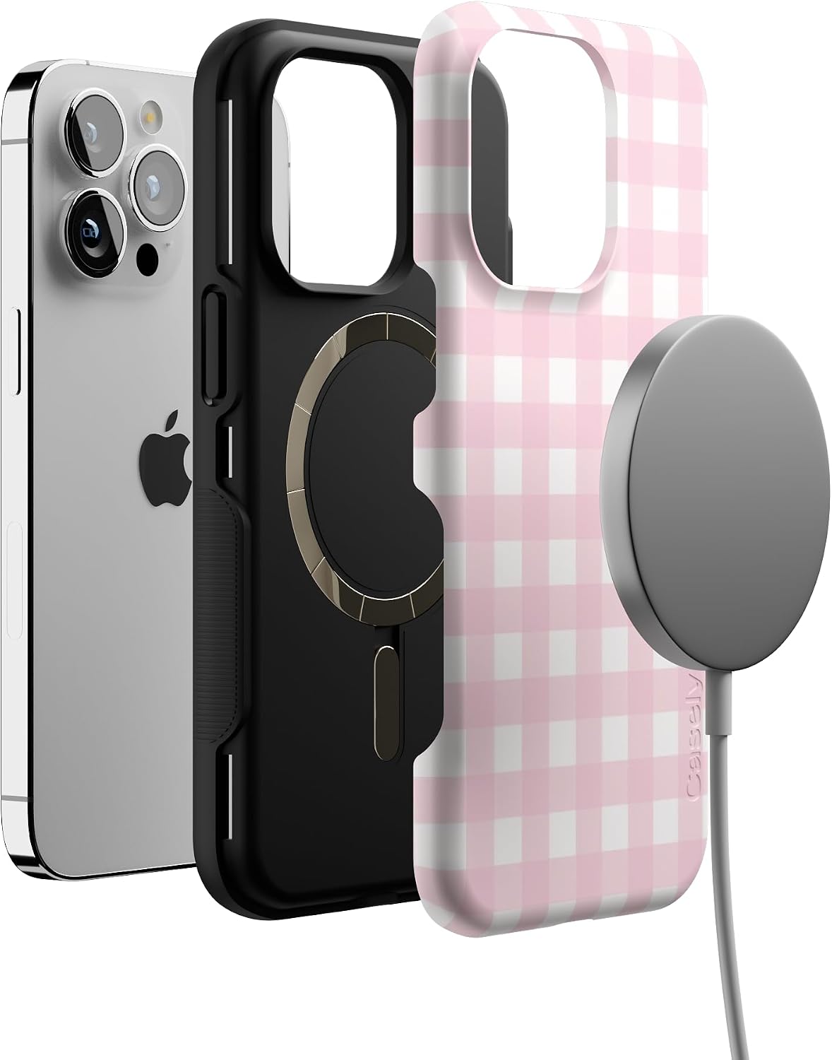 Casely iPhone 13 Pro Case | Sunday Best | Pink Gingham | Bold Protective Design | Compatible with MagSafe