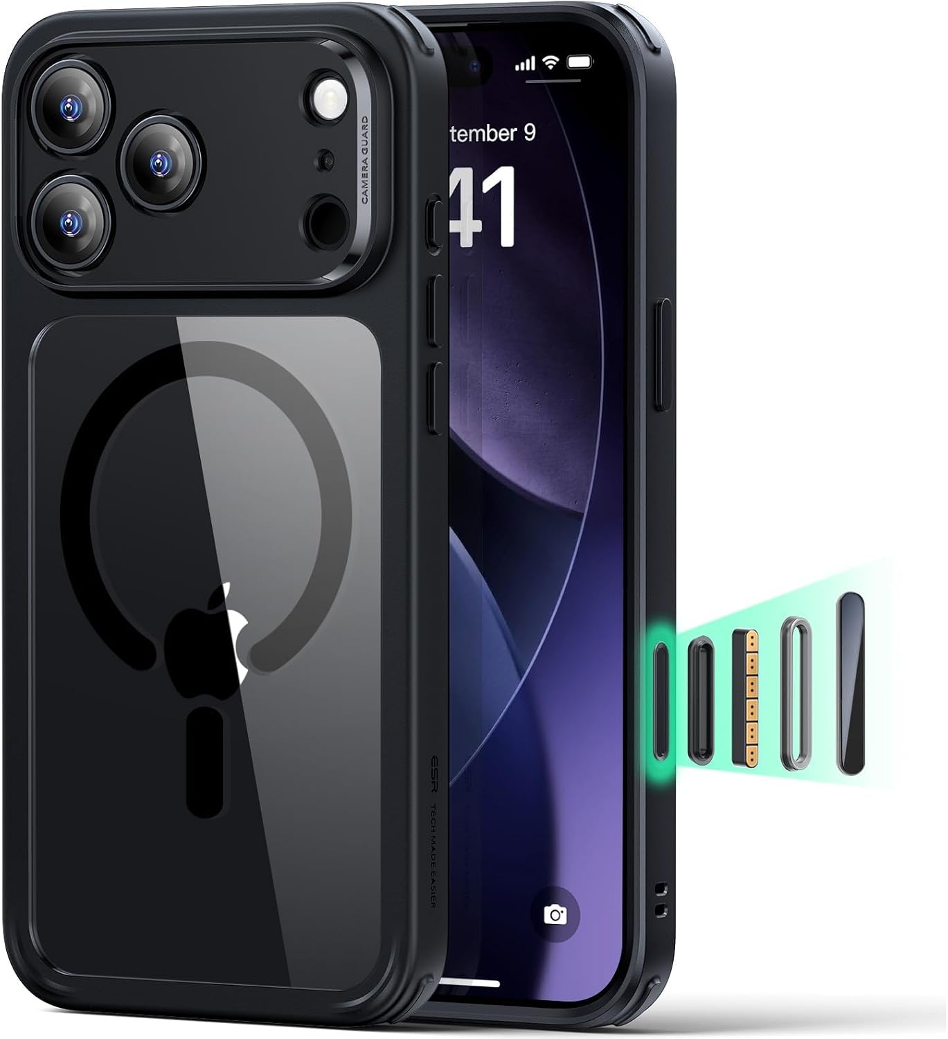61EGsKB3FcL._AC_SL1500_ ESR for iPhone 17 Pro Case, Camera Control Cover, Compatible with MagSafe, Shockproof Military-Grade Protection, Magnetic Phone Case for iPhone 17 Pro, Classic Hybrid Case, Clear Black