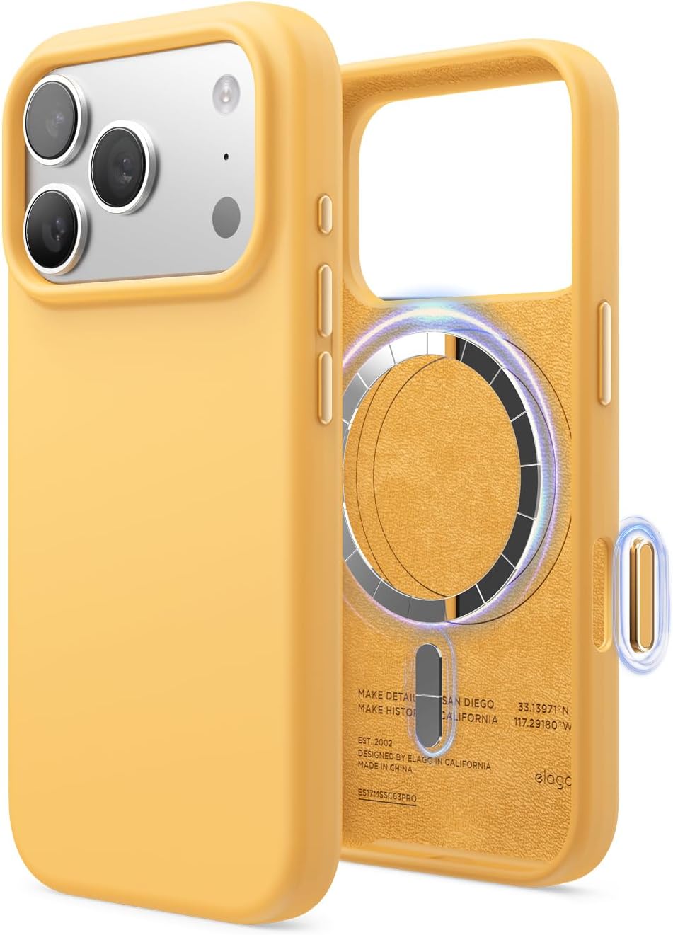 61FXxkpu6CL._AC_SL1500_ elago for iPhone 17 Pro Case, Premium Magnetic Silicone Case, Compatible with MagSafe, Liquid Silicone Material, Protective Cover, Shockproof, Slim Phone, 6.3 inch (Sunshine)