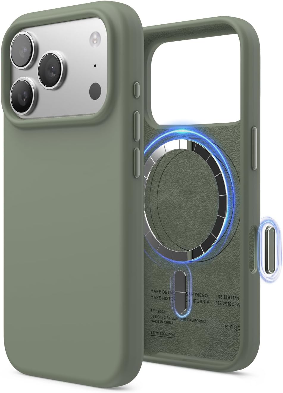 61G700iRrjL._AC_SL1500_ elago for iPhone 17 Pro Case, Premium Magnetic Silicone Case, Compatible with MagSafe, Liquid Silicone Material, Protective Cover, Shockproof, Slim Phone, 6.3 inch (Khaki Green)
