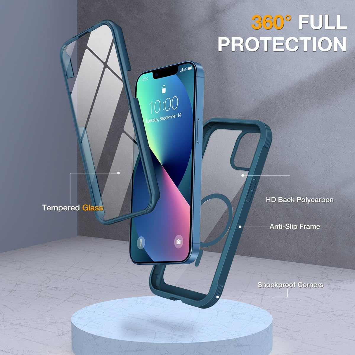 61HV0n0Y3L._AC_SL1200_ Miracase for iPhone 13 Case 6.1'',Full-Body Magnetic Clear Bumper Case with Built-in 9H Tempered Glass Screen Protector,Military Drop Protection Outdoor Phone Case,Storm Blue
