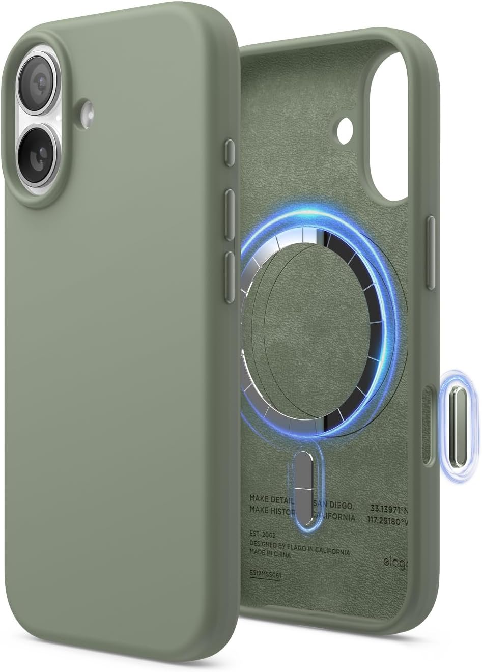 61IEkWZHW3L._AC_SL1500_ elago for iPhone 17 Case, Premium Magnetic Silicone Case, Compatible with MagSafe, Liquid Silicone Material, Protective Cover, Shockproof, Slim Phone, 6.3 inch (Khaki Green)