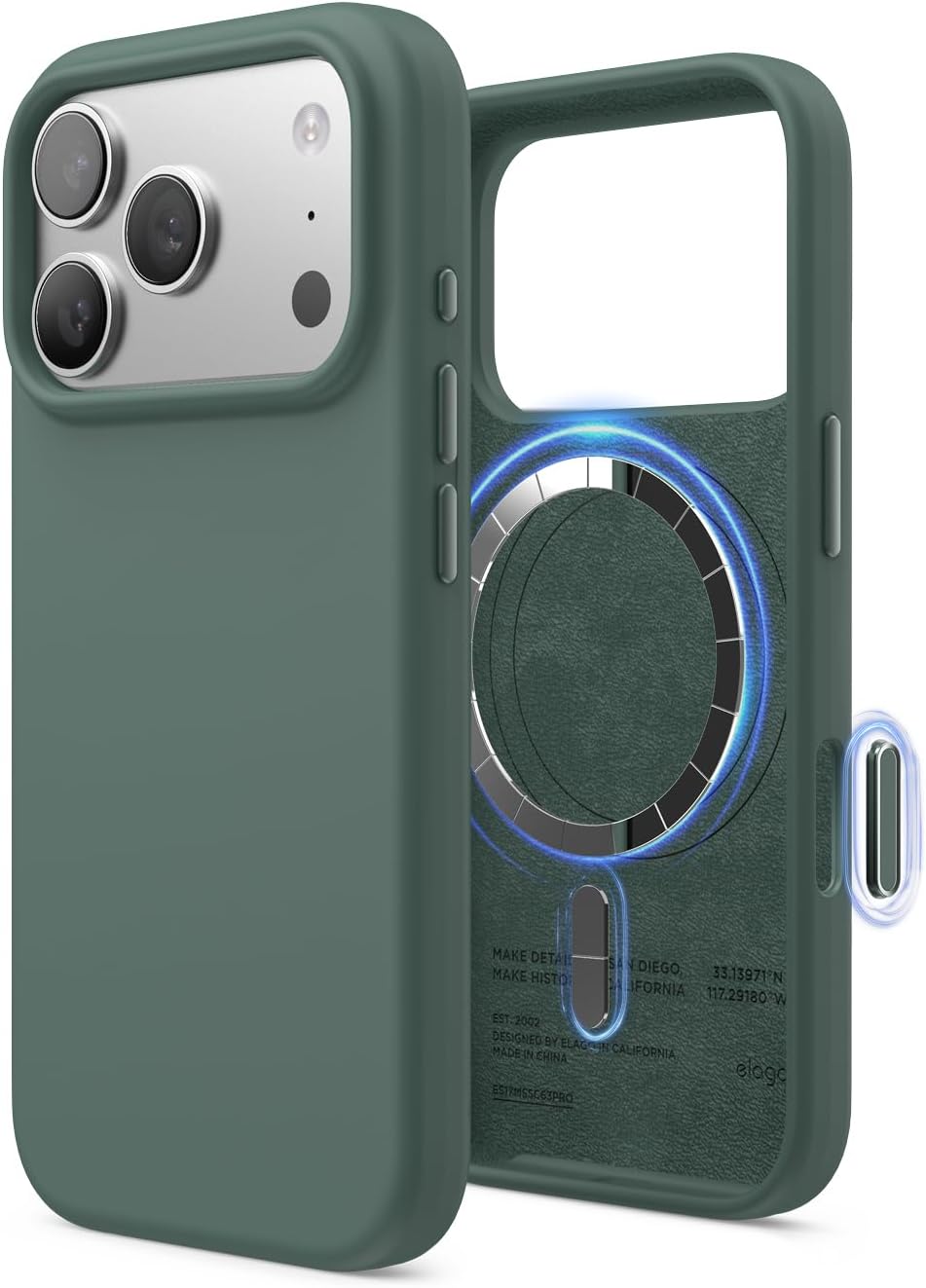 61IwMzrkv2L._AC_SL1500_ elago for iPhone 17 Pro Case, Premium Magnetic Silicone Case, Compatible with MagSafe, Liquid Silicone Material, Protective Cover, Shockproof, Slim Phone, 6.3 inch (Midnight Green)