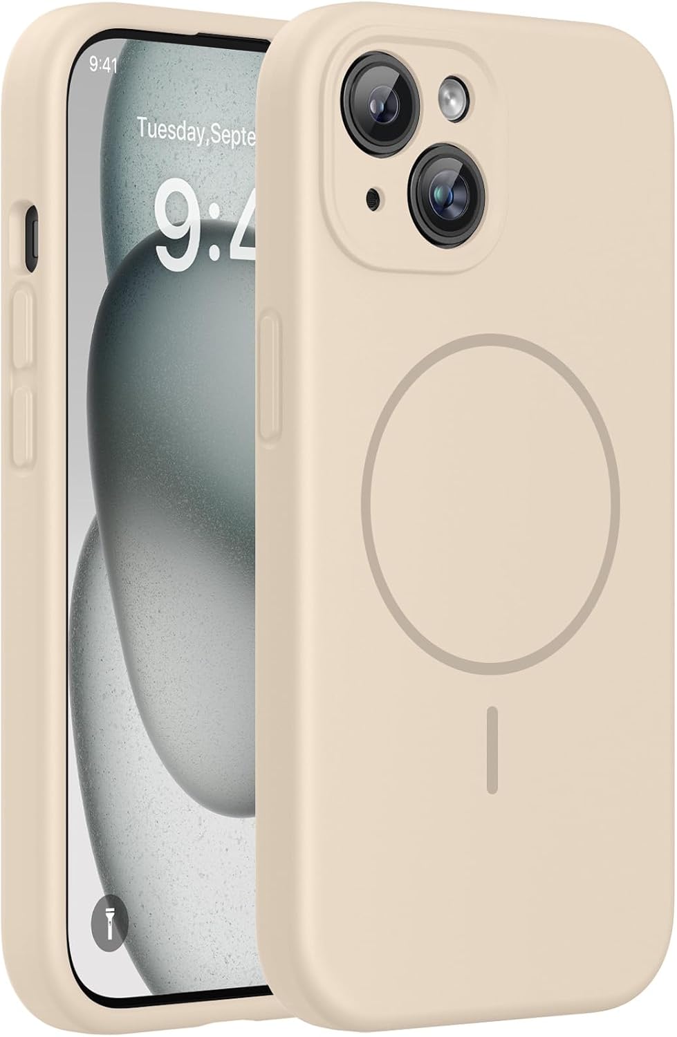 Miracase Compatible with iPhone 15 Case, [Soft Anti-Scratch Microfiber Lining], Liquid Silicone Case Gel Rubber Shockproof Drop Protection Phone Case for iPhone 15, Sand
