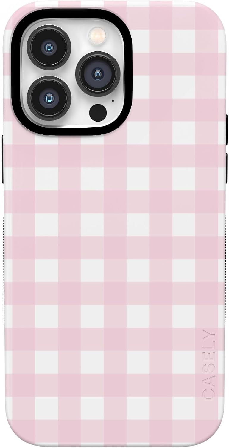 61JEZiF1EML._AC_SL1500_ Casely iPhone 14 Pro Case | Pink Plaid | Sunday Best | Bold Protective Design | Compatible with MagSafe