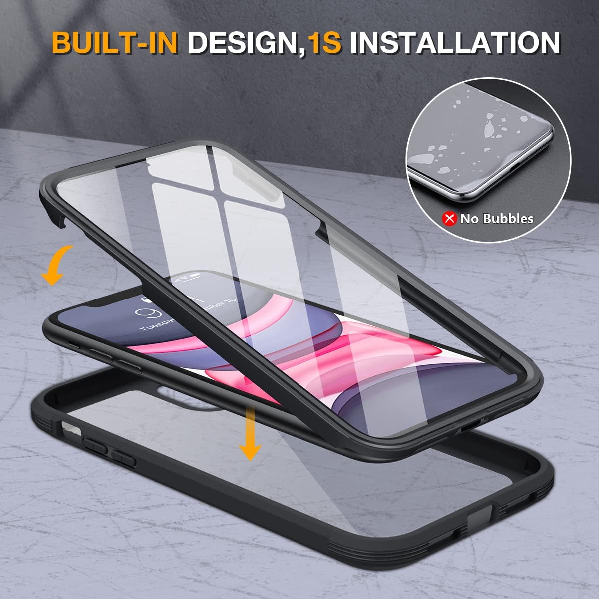 61JmhcSK-7L._AC_SL1200_ Miracase Glass Series for iPhone 11 Case 6.1 inch, Upgraded Full-Body Rugged Phone Bumper Case Cover with Built-in 9H Tempered Glass Screen Protector and Camera Protector, Black