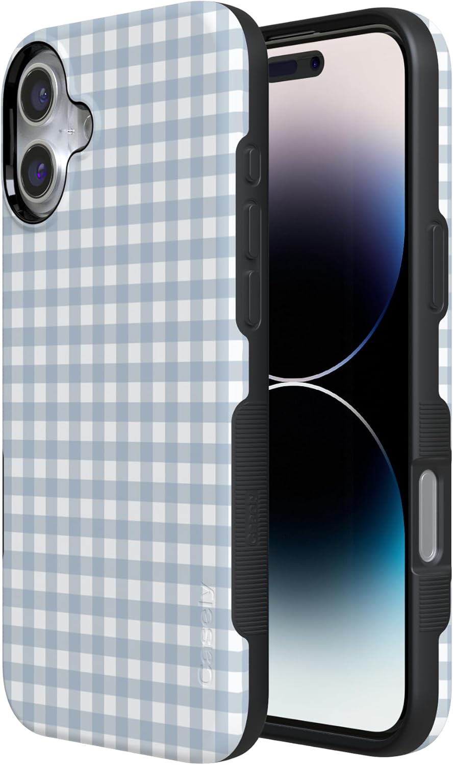 Casely iPhone 16 Case | Pastel Picnic | Blue Gingham | Bold Protective Design | Compatible with MagSafe