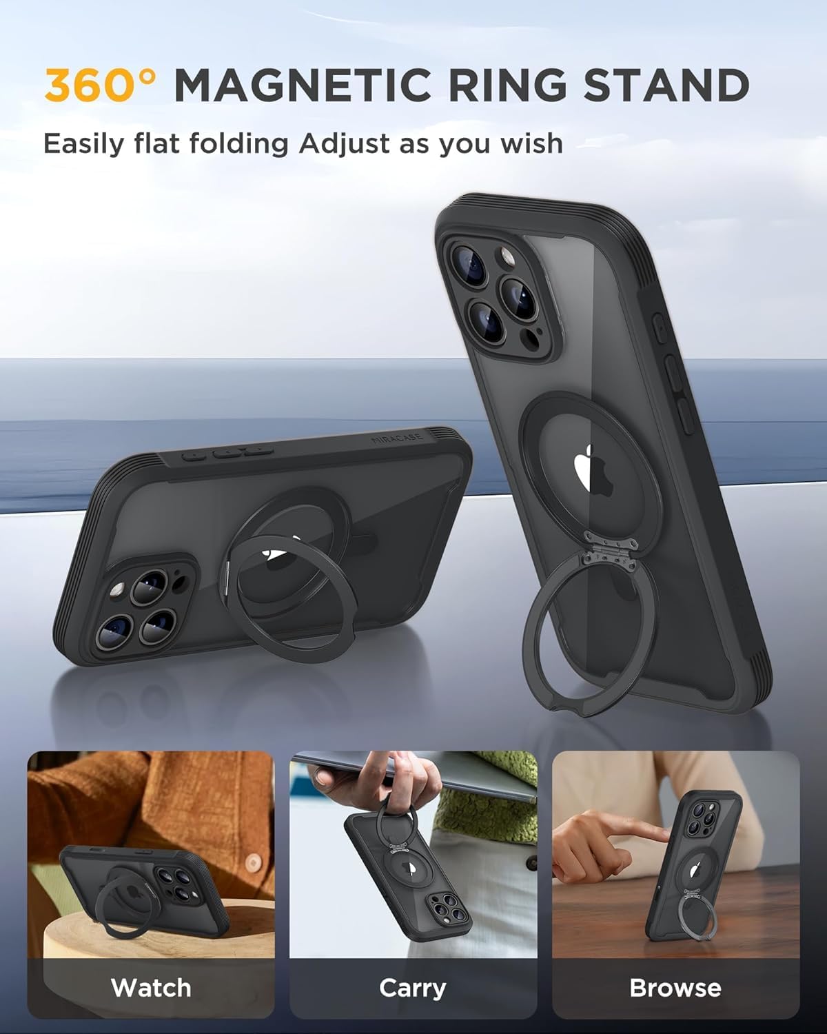Miracase for iPhone 16 Pro Case with 360° Magnetic Ring Stand [Compatible with Magsafe] Full-Body Drop Proof Bumper Phone Case with Built-in 9H Tempered Glass Screen Protector,Black