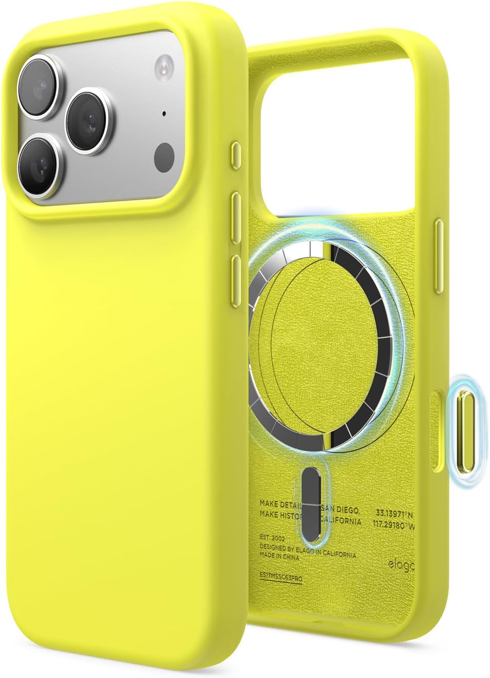 61UmJKTaRxL._AC_SL1500_ elago for iPhone 17 Pro Case, Premium Magnetic Silicone Case, Compatible with MagSafe, Liquid Silicone Material, Protective Cover, Shockproof, Slim Phone, 6.3 inch (Neon Yellow)
