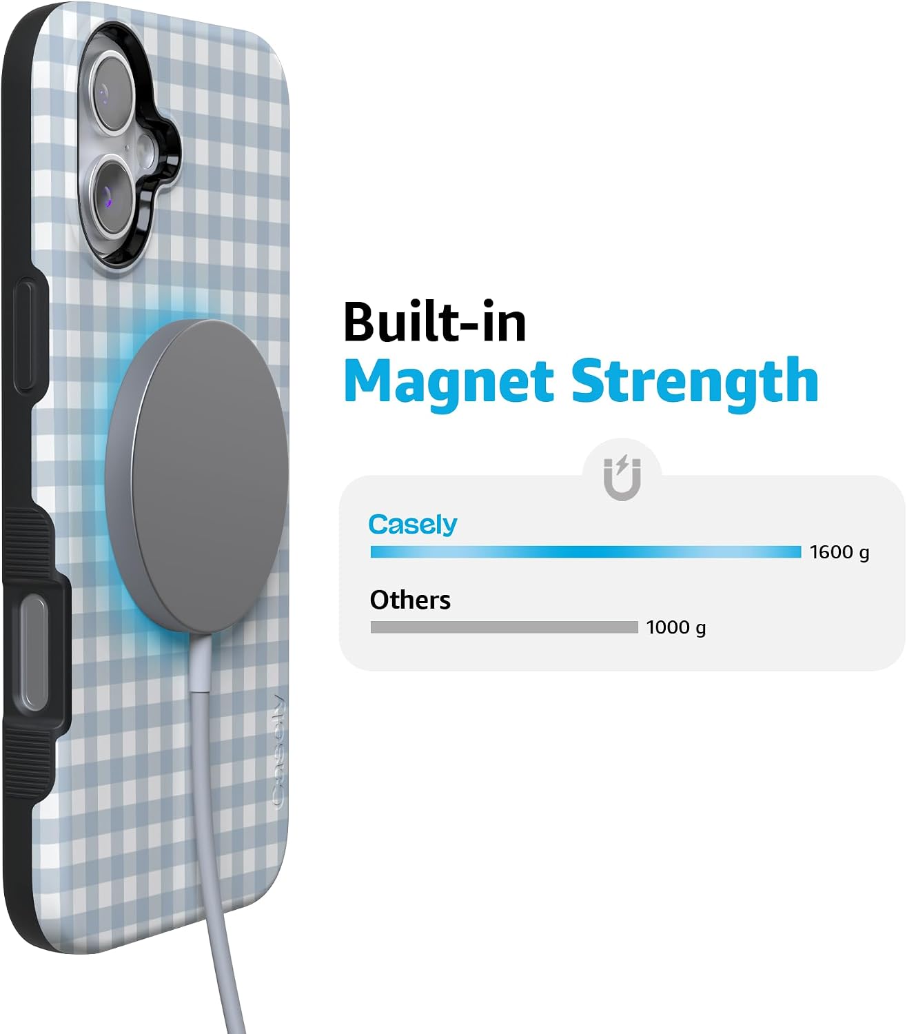 Casely iPhone 16 Case | Pastel Picnic | Blue Gingham | Bold Protective Design | Compatible with MagSafe
