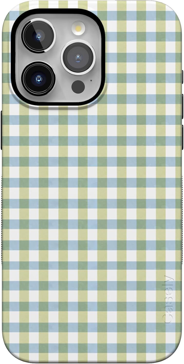 61bnPOyzpzL._AC_SL1500_ Casely iPhone 15 Pro Case | Pastel Picnic | Blue & Green Gingham | Bold Protective Design | Compatible with MagSafe