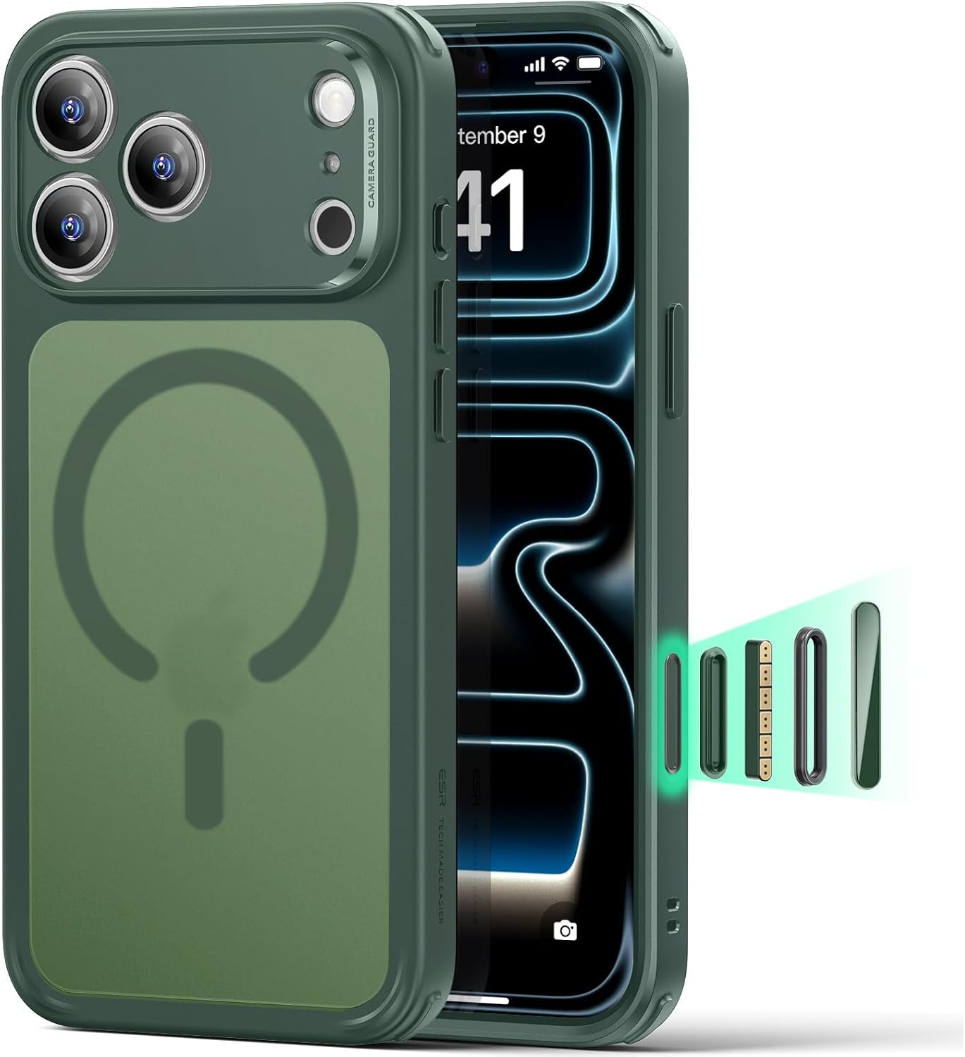 61lp46owZRL._AC_SL1500_ ESR for iPhone 17 Pro Max Case, Camera Control Cover, Compatible with MagSafe, Shockproof Military-Grade Protection, Magnetic Phone Case for iPhone 17 Pro Max, Classic Hybrid Case, Frosted Green