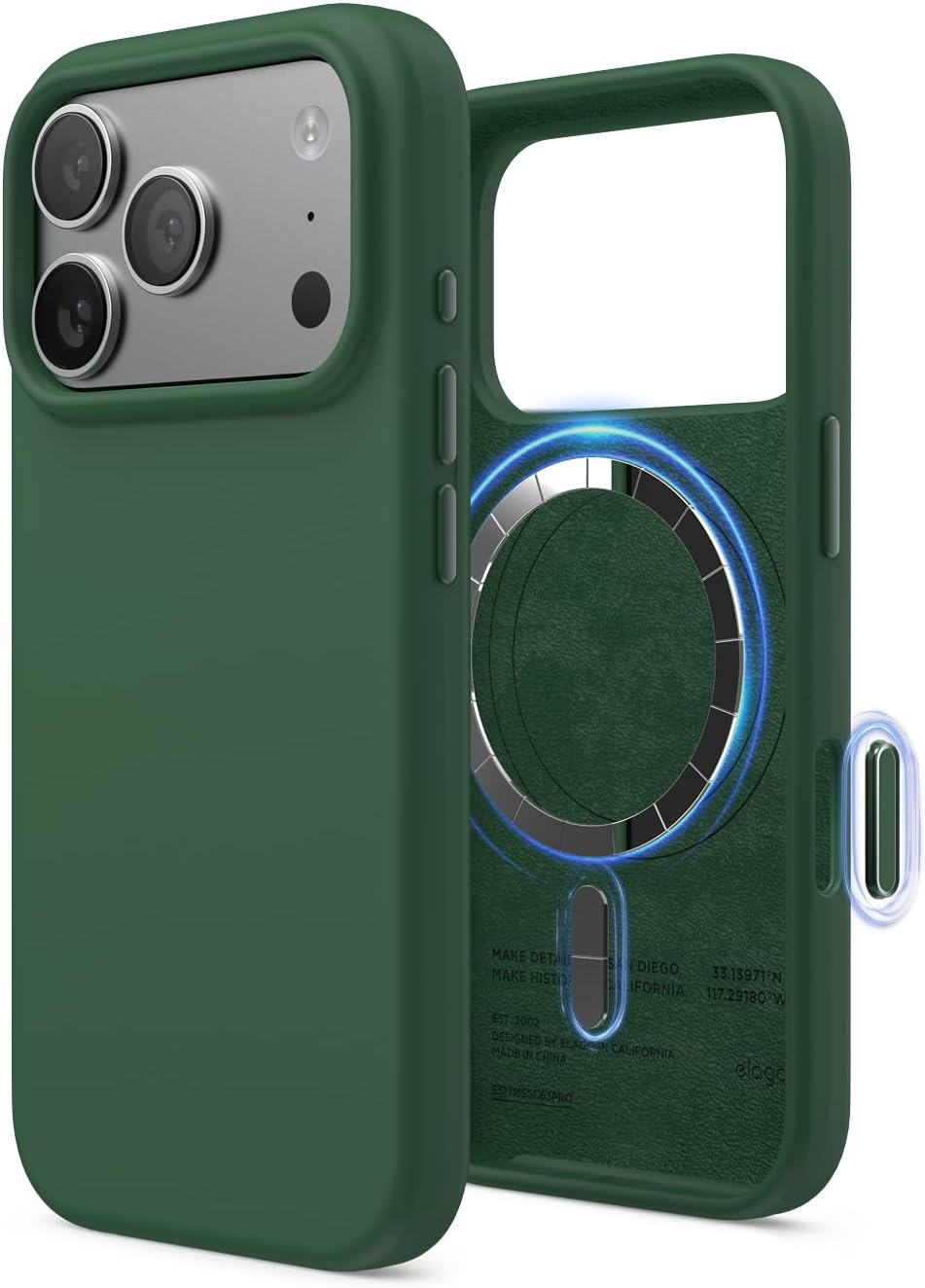 61psQjbQa8L._AC_SL1500_ elago for iPhone 17 Pro Case, Premium Magnetic Silicone Case, Compatible with MagSafe, Liquid Silicone Material, Protective Cover, Shockproof, Slim Phone, 6.3 inch (Alpine Green)