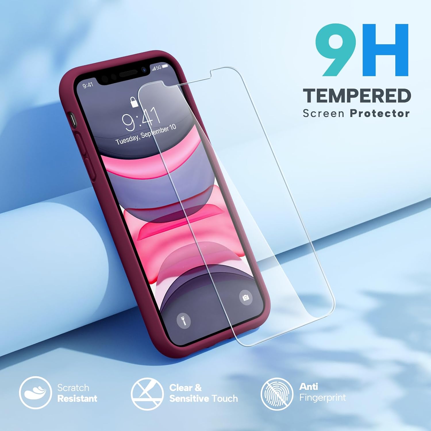 Miracase Designed for iPhone 11 Phone Case, with Screen Protector, Liquid Silicone Gel Rubber Drop Protection Shockproof Cover Phone Case for iPhone 11, Wine Red