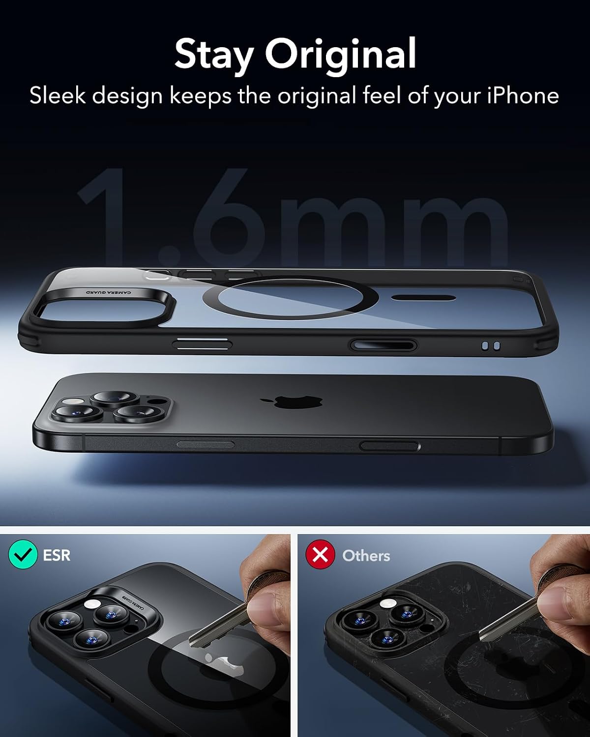 61xk4FotM2L._AC_SL1500_ ESR for iPhone 16 Pro Case, Camera Control Cover, Compatible with MagSafe, Shockproof Military-Grade Protection, Magnetic Phone Case for iPhone 16 Pro, Classic Hybrid Case, Clear Black