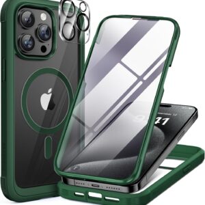 Miracase Magnetic for iPhone 12 Pro Max Case [Compatible with MagSafe] Full-Body Phone case with Built-in Glass Screen Protector& Camera Protector, Military Drop Proof 12 Pro Max Cover, Green