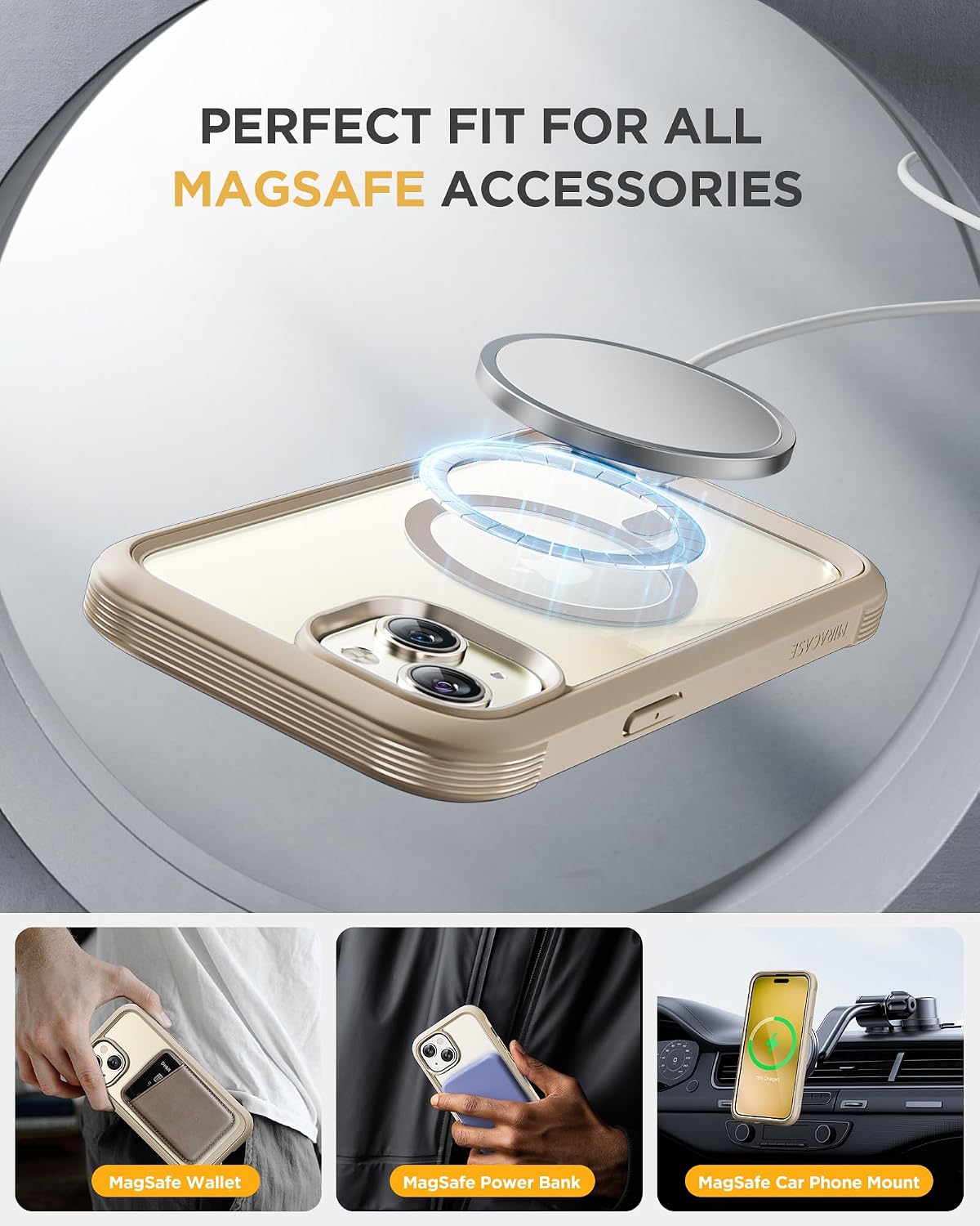 Miracase Glass Series for iPhone 15 Case [Compatible with MagSafe] Full-Body Magnetic Bumper Case with Built-in 9H Tempered Glass Anti-Fingerprint Screen Protector + Camera Lens Protector, Beige