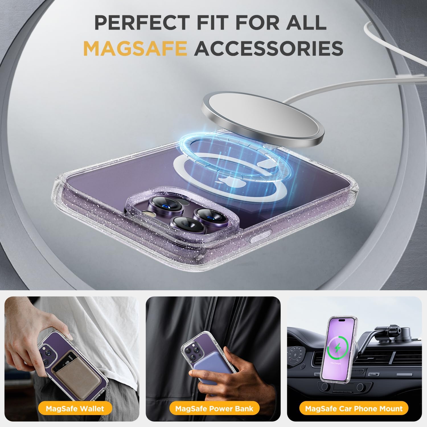 711T3Iub76L._AC_SL1500_ Miracase Magnetic for iPhone 14 Pro Max Case 6.7 inch, (Compatible with MagSafe) Upgrade Full-Body Clear Phone Bumper Case with Built-in 9H Tempered Glass Screen Protector, Magnetic Glitter Clear