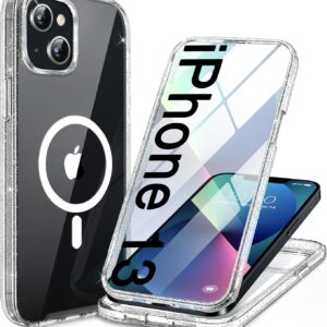 Miracase for iPhone 13 Case 6.1'', [Bubble Free] Full-Body Bumper Phone case with Built-in Full Glass Screen,No Gap,Compatible with MagSafe,Drop Proof 13 Cover,Clear Glitter