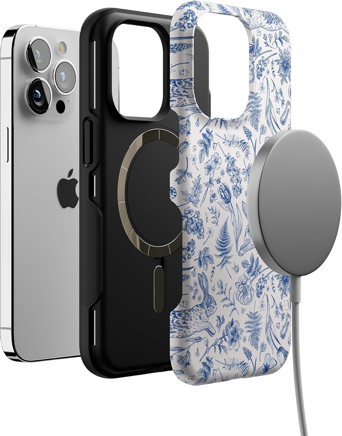 Casely iPhone 13 Pro Case | Blue Vintage Rabbits in Spring Flowers | Compatible with MagSafe | Bold Protective Design