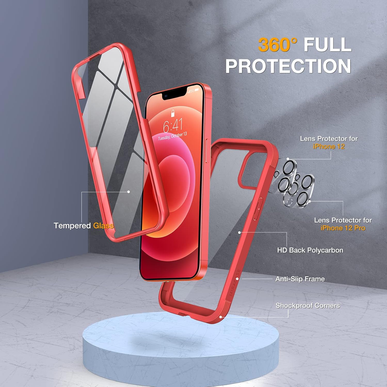7127XxbjDOL._AC_SL1500_ Miracase Glass Series for iPhone 12/12 Pro Case 6.1 inch, Upgraded Full-Body Rugged Phone Bumper Case Cover with Built-in 9H Tempered Glass Screen Protector and Camera Protector, Red