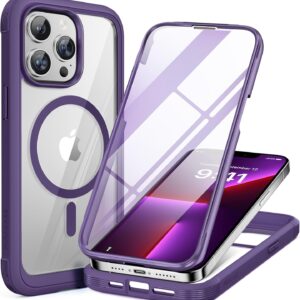 Miracase Magnetic for iPhone 13 Pro Max Case 6.7 inch, (Compatible with MagSafe) Upgrade Full-Body Clear Phone Bumper Case with Built-in 9H Tempered Glass Screen Protector, Magnetic Purple
