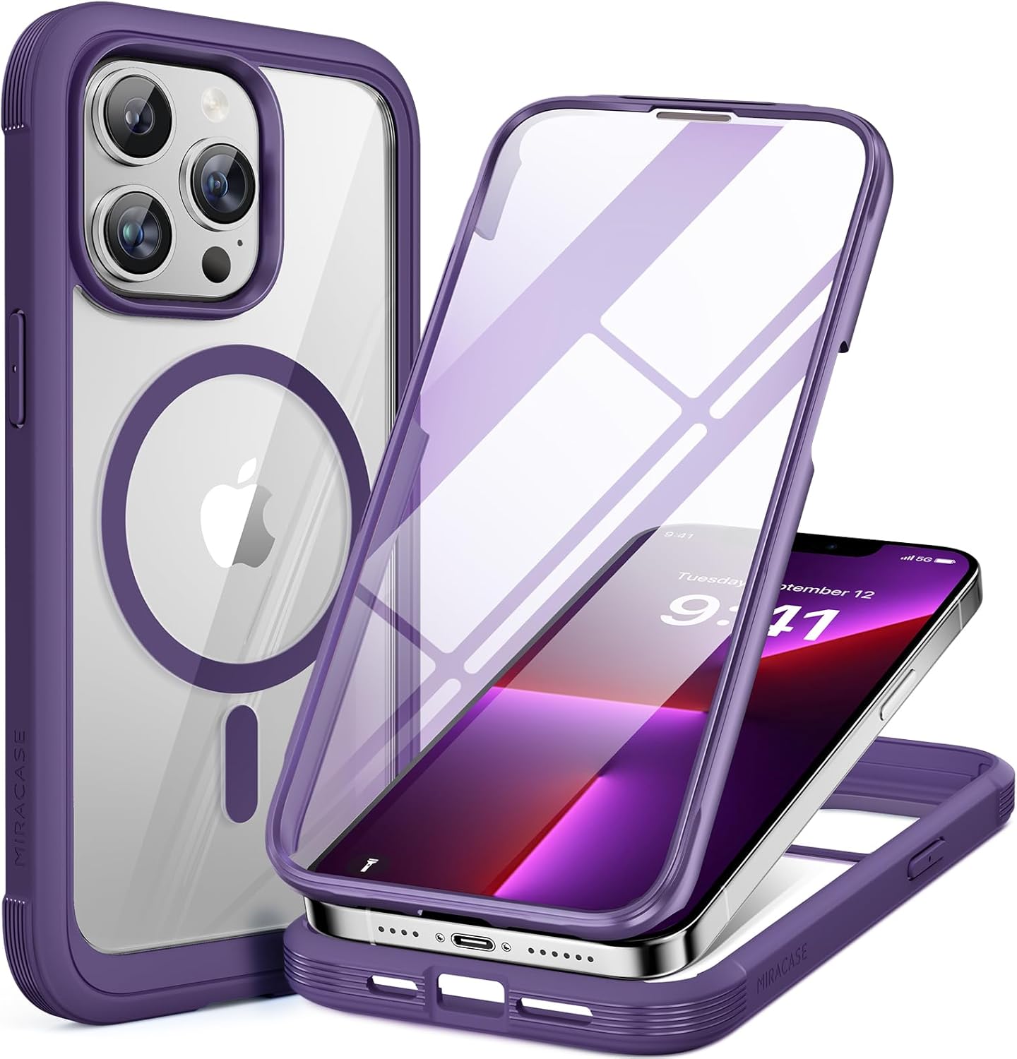 712zt9CaN-L._AC_SL1500_ Miracase Magnetic for iPhone 13 Pro Max Case 6.7 inch, (Compatible with MagSafe) Upgrade Full-Body Clear Phone Bumper Case with Built-in 9H Tempered Glass Screen Protector, Magnetic Purple