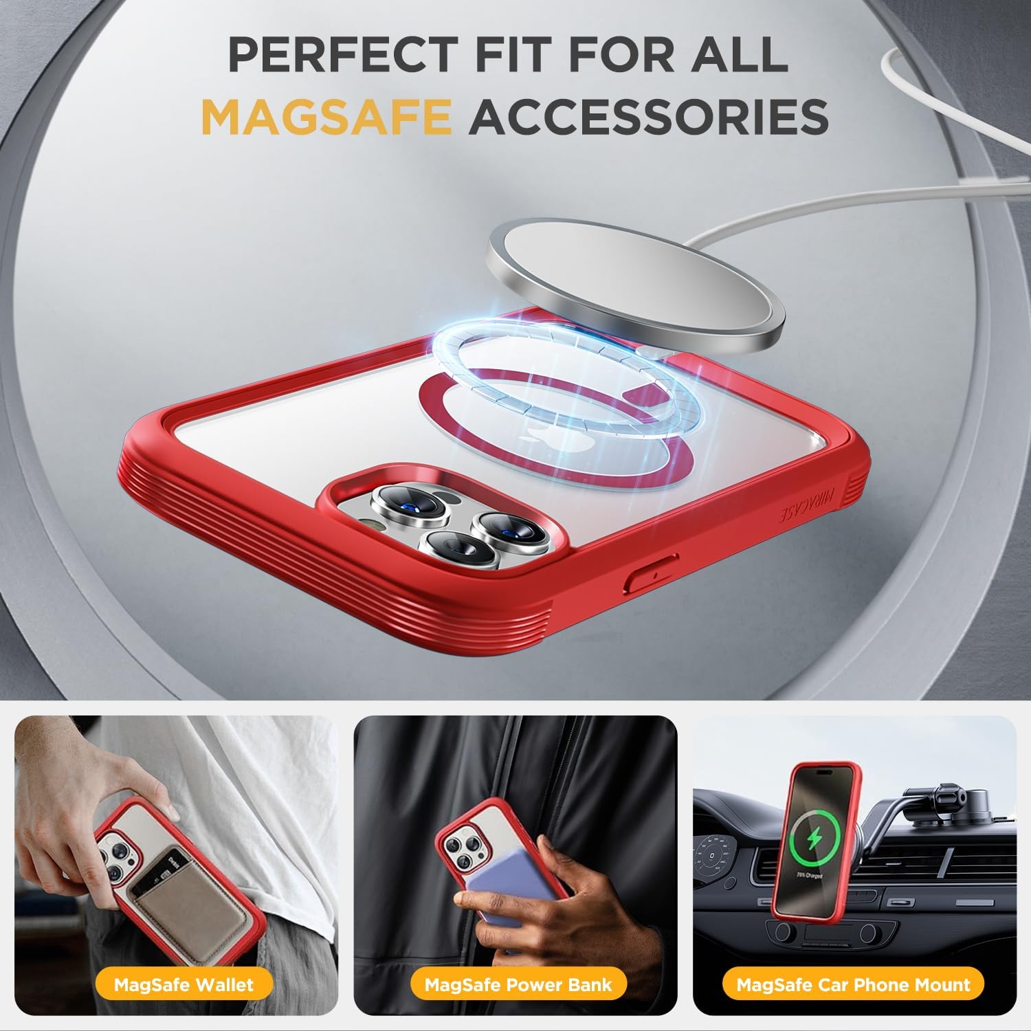 7141bfIX2ML._AC_SL1500_ Miracase Magnetic for iPhone 14 Pro Max Case 6.7 inch, (Compatible with MagSafe) Upgrade Full-Body Clear Phone Bumper Case with Built-in 9H Tempered Glass Screen Protector, Magnetic Red