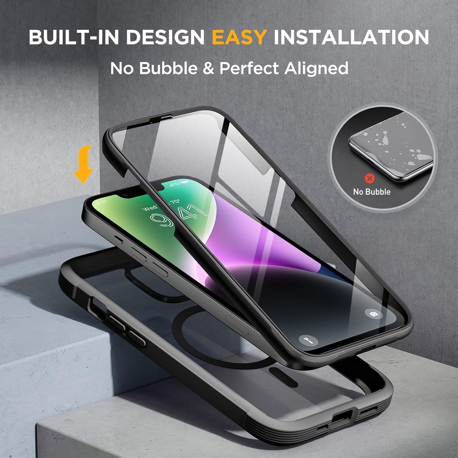 714mMAGa2eL._AC_SL1500_ Miracase Glass Series Designed for iPhone 14 Plus Case 6.7 inch, Upgrade Full-Body Magnetic Clear Case with Built-in 9H Tempered Glass Screen Protector,Compatible with MagSafe, Black