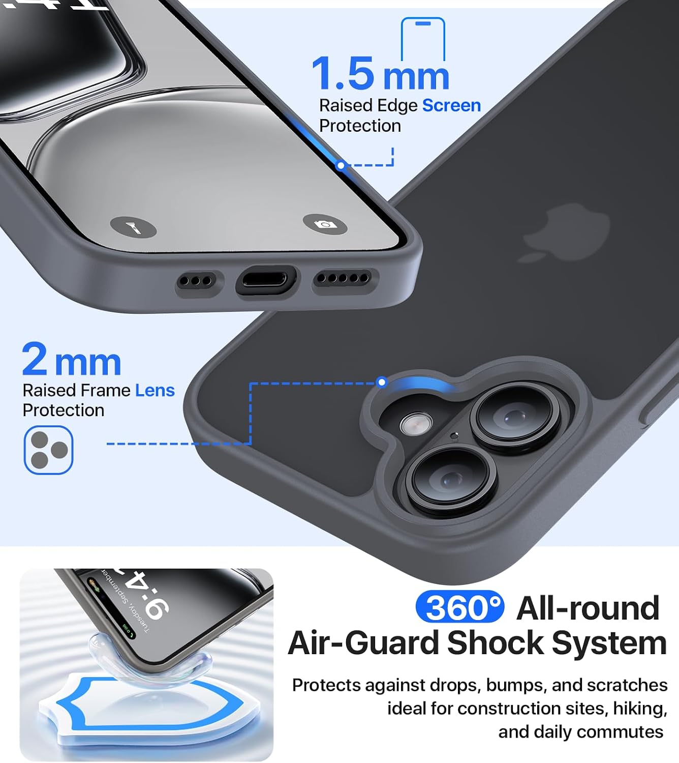 Eastinbox for iPhone 16 Case [16FT Military Grade Shockproof], Anti-Slip Anti-Scratch, Slim Translucent Frosted Matte Protective Cover, i Phone 16 Phone Case 6.1", Gray