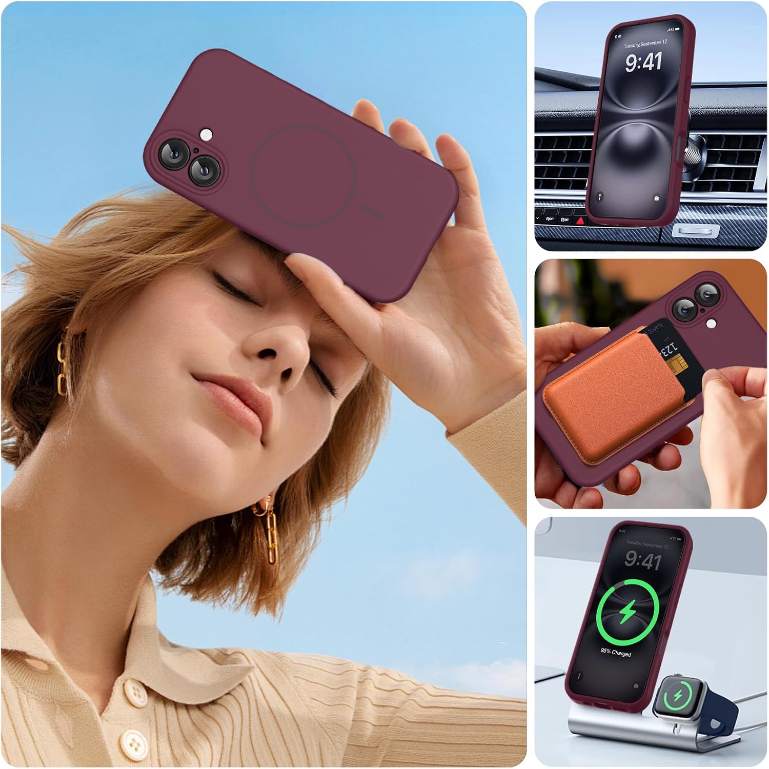 Miracase Compatible with iPhone 16 Case, [Soft Anti-Scratch Microfiber Lining], Compatible with MagSafe, Liquid Silicone Case Shockproof Drop Protection Phone Case for 16,Wine Red
