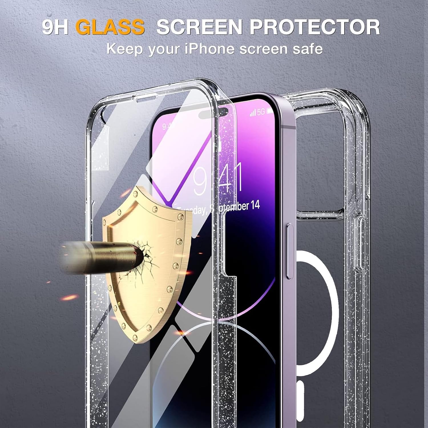 715OWVl5BUL._AC_SL1500_ Miracase Magnetic for iPhone 14 Pro Max Case 6.7 inch, (Compatible with MagSafe) Upgrade Full-Body Clear Phone Bumper Case with Built-in 9H Tempered Glass Screen Protector, Magnetic Glitter Clear