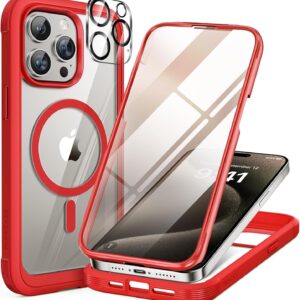 715dX5GNLrL._AC_SL1500_ Miracase Magnetic for iPhone 15 Pro Case Full-Body Bumper Phone case with Built-in Glass Screen Protector& Camera Protector, Military Drop Proof 15 Pro Cover, Magnetic Red