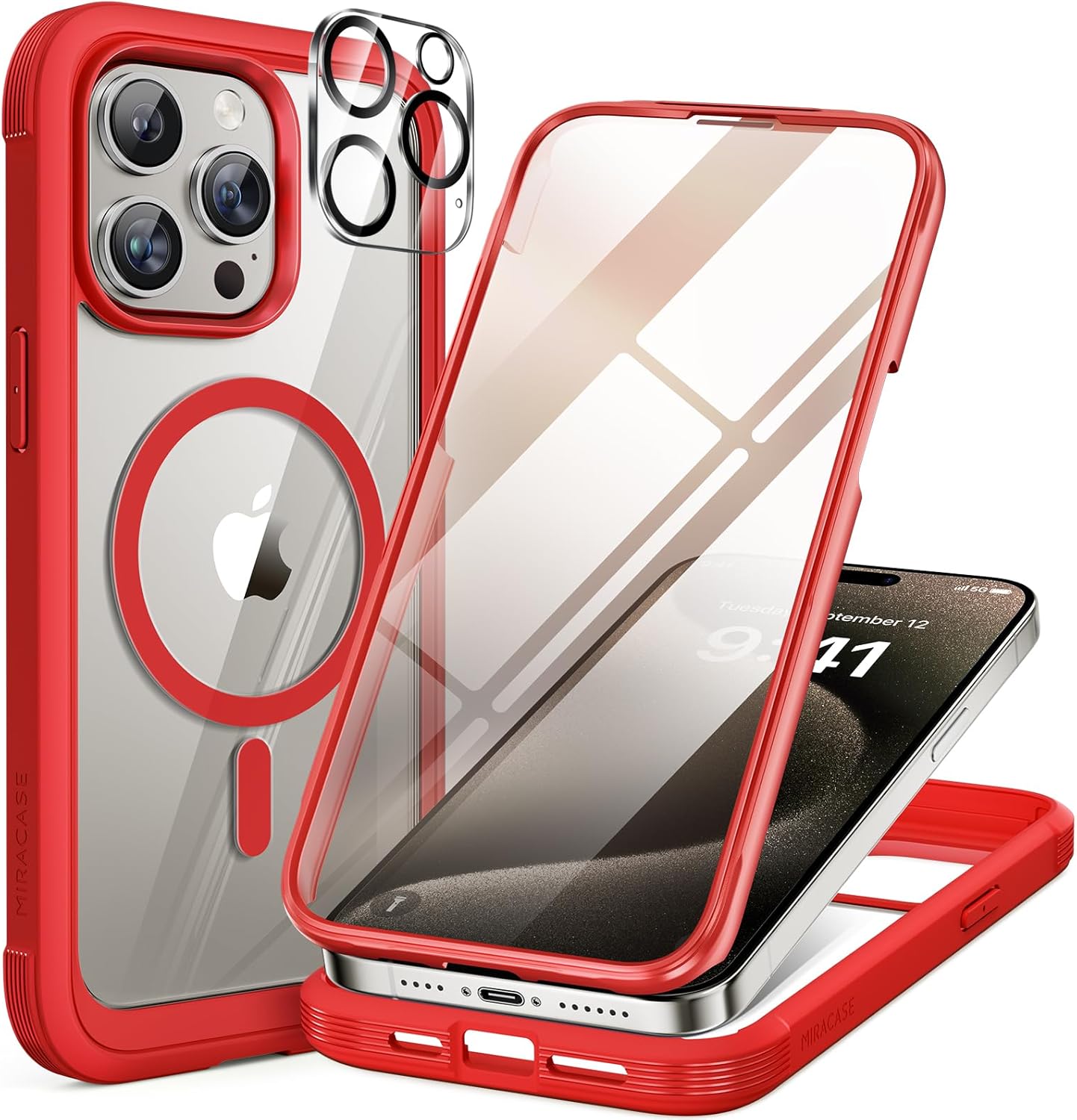 715dX5GNLrL._AC_SL1500_ Miracase Magnetic for iPhone 15 Pro Case Full-Body Bumper Phone case with Built-in Glass Screen Protector& Camera Protector, Military Drop Proof 15 Pro Cover, Magnetic Red