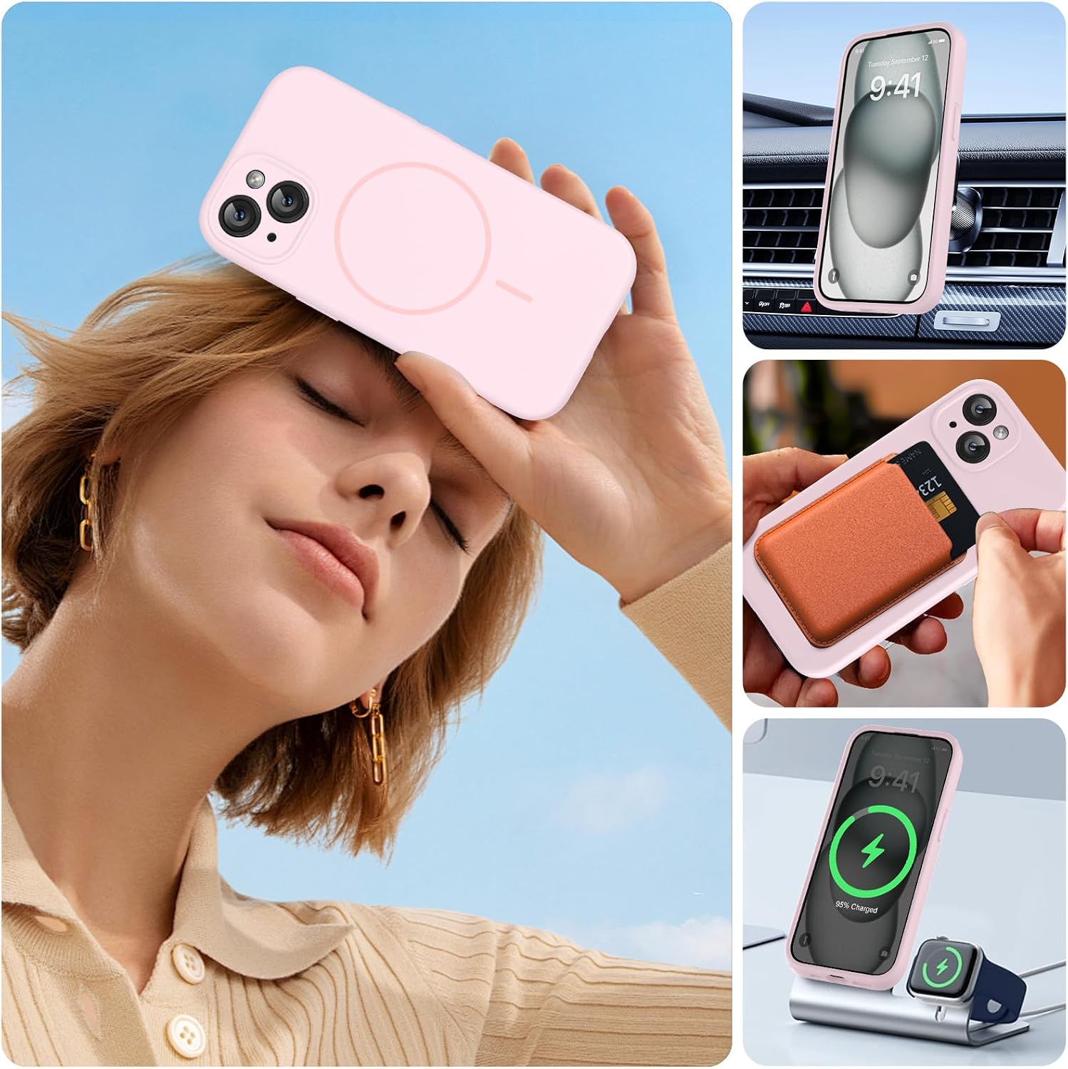 Miracase Magnetic for iPhone 15 Plus Case, [Soft Anti-Scratch Microfiber Lining], Compatible with MagSafe, Liquid Silicone Shockproof Drop Protection Phone Case for 15 Plus, Sand Pink