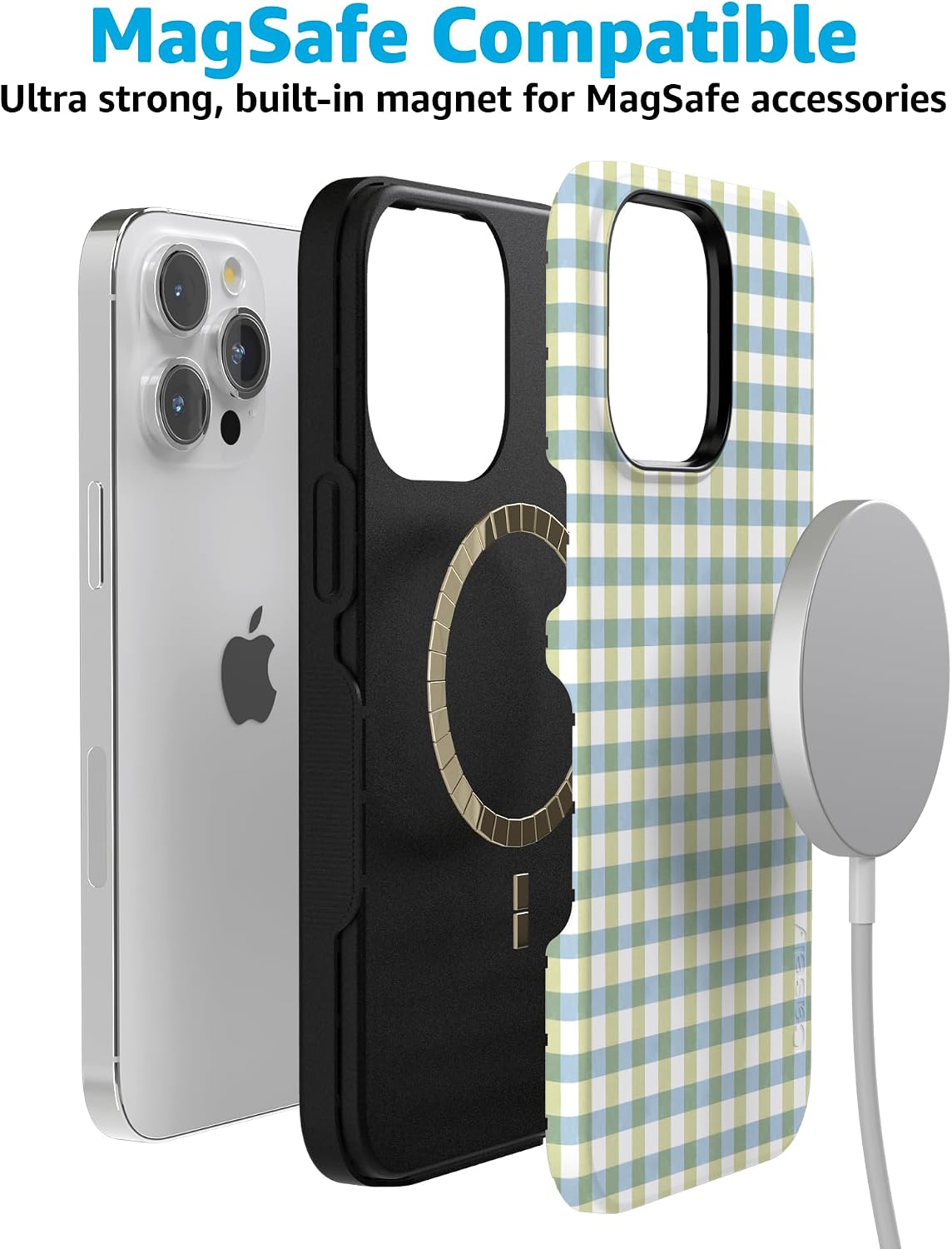 715u4F46VEL._AC_SL1500_ Casely iPhone 15 Pro Case | Pastel Picnic | Blue & Green Gingham | Bold Protective Design | Compatible with MagSafe