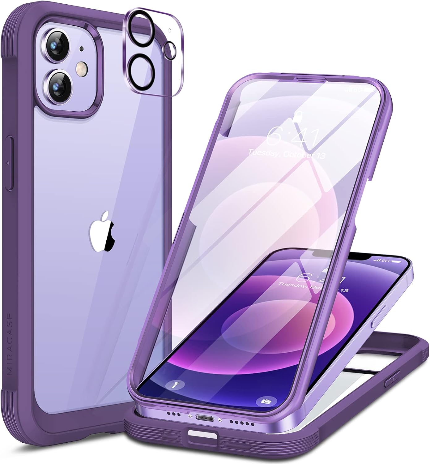 716KKRrVtL._AC_SL1500_ Miracase Glass Series for iPhone 12/12 Pro Case 6.1 inch, Upgraded Full-Body Rugged Phone Bumper Case Cover with Built-in 9H Tempered Glass Screen Protector and Camera Protector, Purple