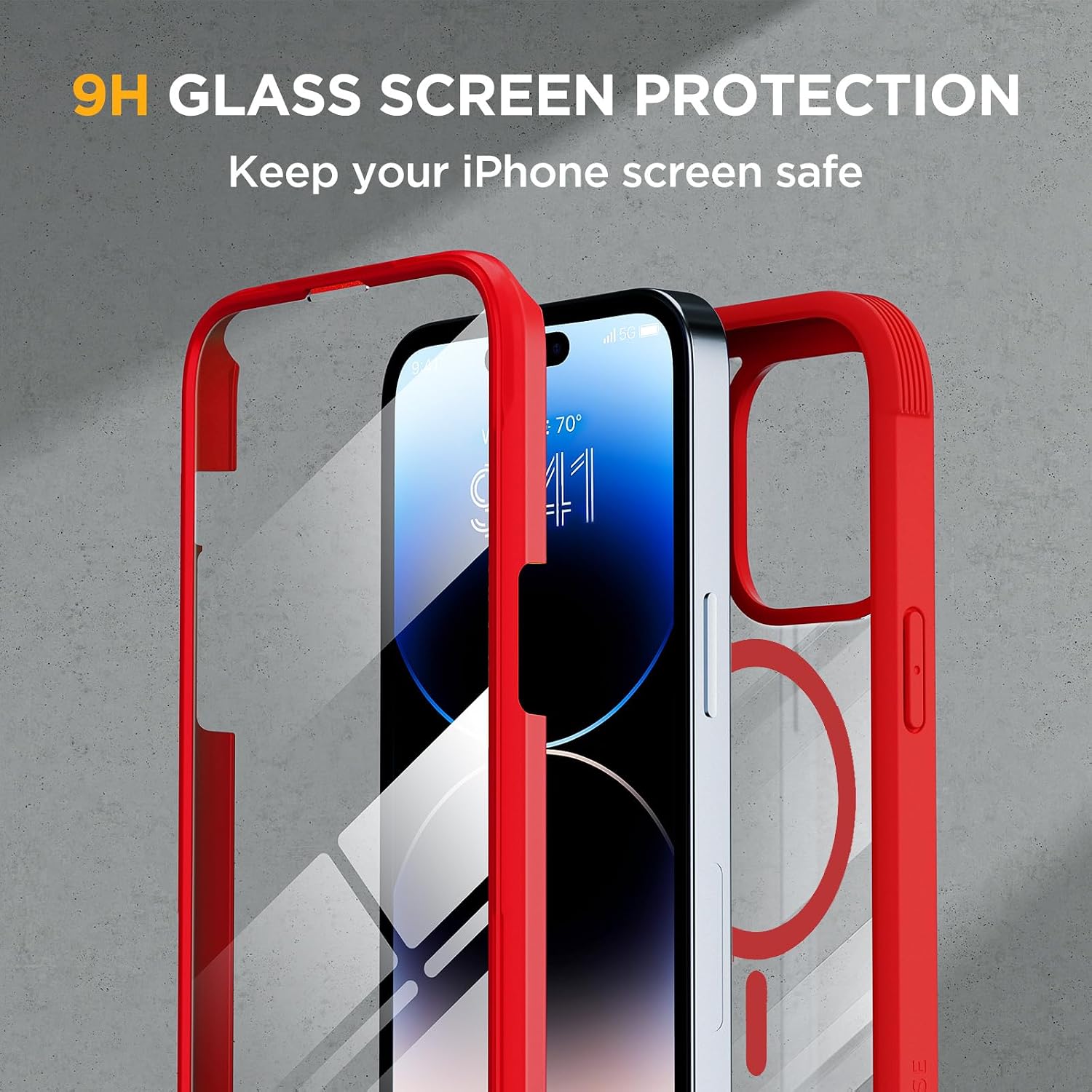 716n0nr-RNL._AC_SL1500_ Miracase Magnetic for iPhone 14 Pro Max Case 6.7 inch, (Compatible with MagSafe) Upgrade Full-Body Clear Phone Bumper Case with Built-in 9H Tempered Glass Screen Protector, Magnetic Red