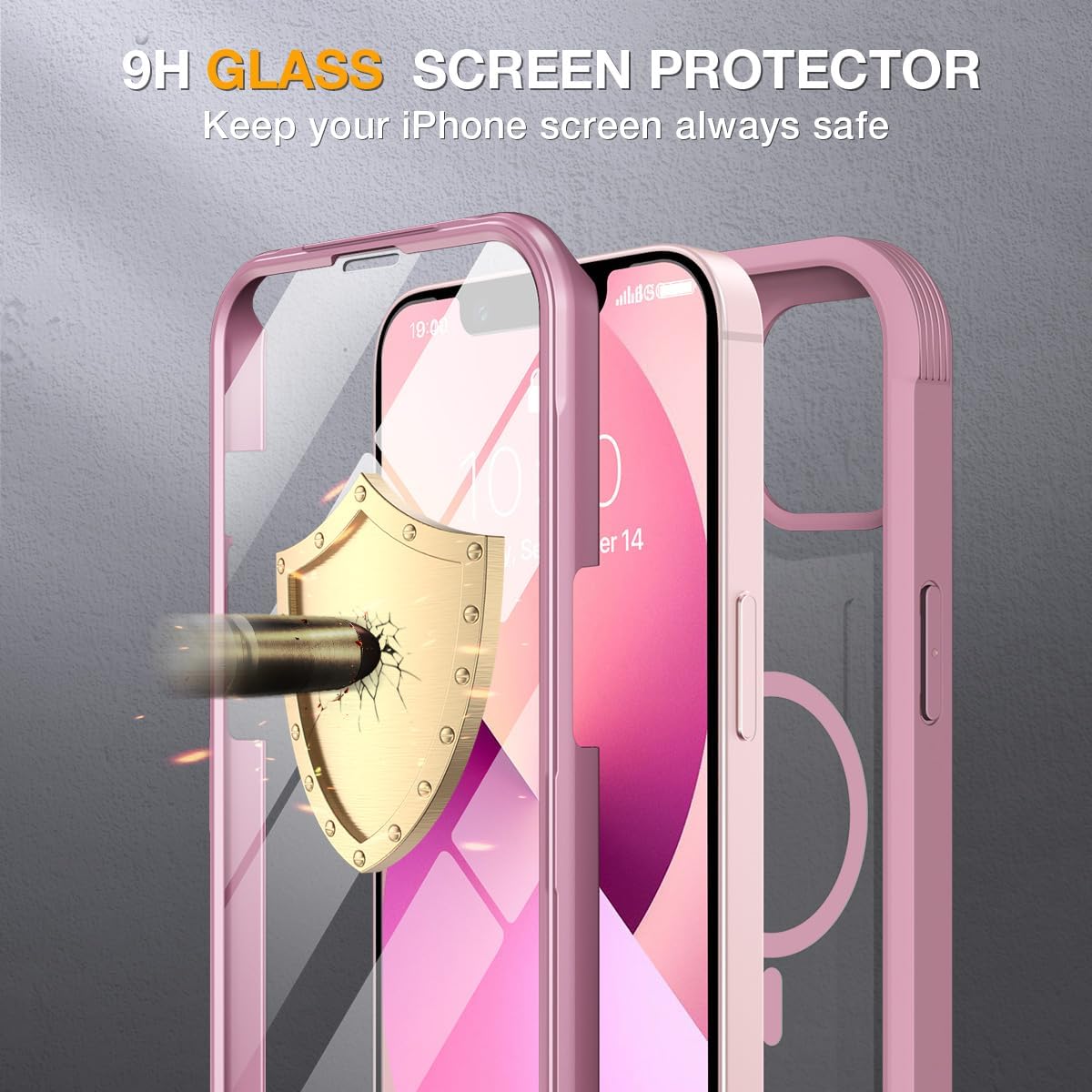 Miracase for iPhone 13 mini Case 5.4",Full-Body Protection,Clear Bumper Case with Built-in 9H Tempered Glass Screen Protector,Military-Grade Drop Protection Outdoor Phone Case for 13 mini,Dark Pink