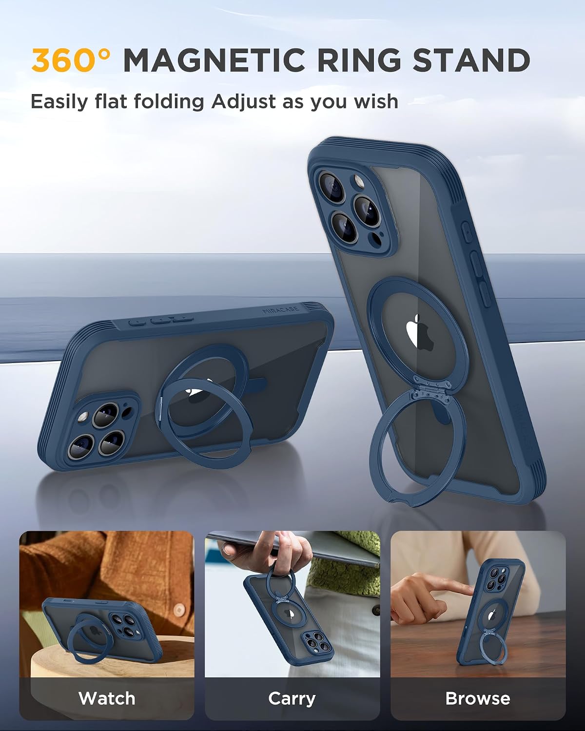 Miracase for iPhone 16 Pro Case with 360° Magnetic Ring Stand [Compatible with Magsafe] Full-Body Drop Proof Bumper Phone Case with Built-in 10H Tempered Glass Screen Protector,Blue