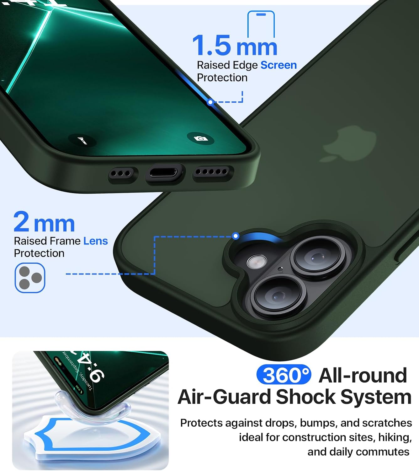 Eastinbox for iPhone 16 Case [16FT Military Grade Shockproof], Anti-Slip Anti-Scratch, Slim Translucent Frosted Matte Protective Cover, i Phone 16 Phone Case 6.1", Green