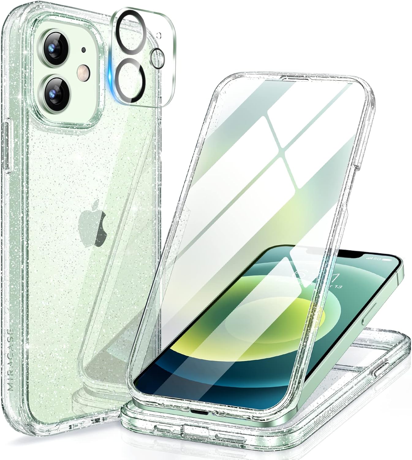 719sLG7QeL._AC_SL1500_ Miracase Glass Series for iPhone 12/12 Pro Case 6.1 inch, Upgraded Full-Body Rugged Phone Bumper Case Cover with Built-in 9H Tempered Glass Screen Protector and Camera Protector, Clear Glitter