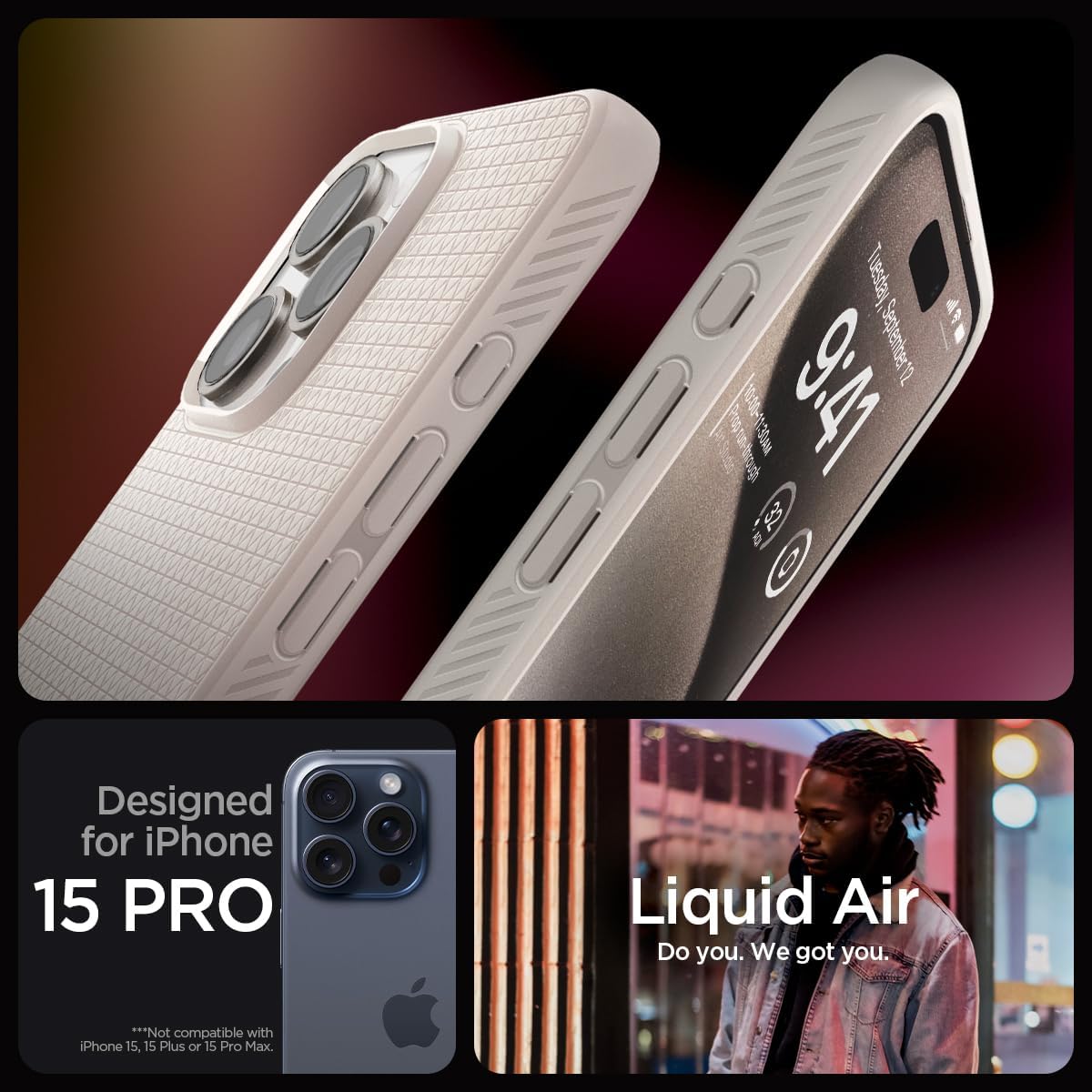 Spigen Liquid Air Designed for iPhone 15 Pro Case (2023) [Military-Grade Protection] - Natural Titanium